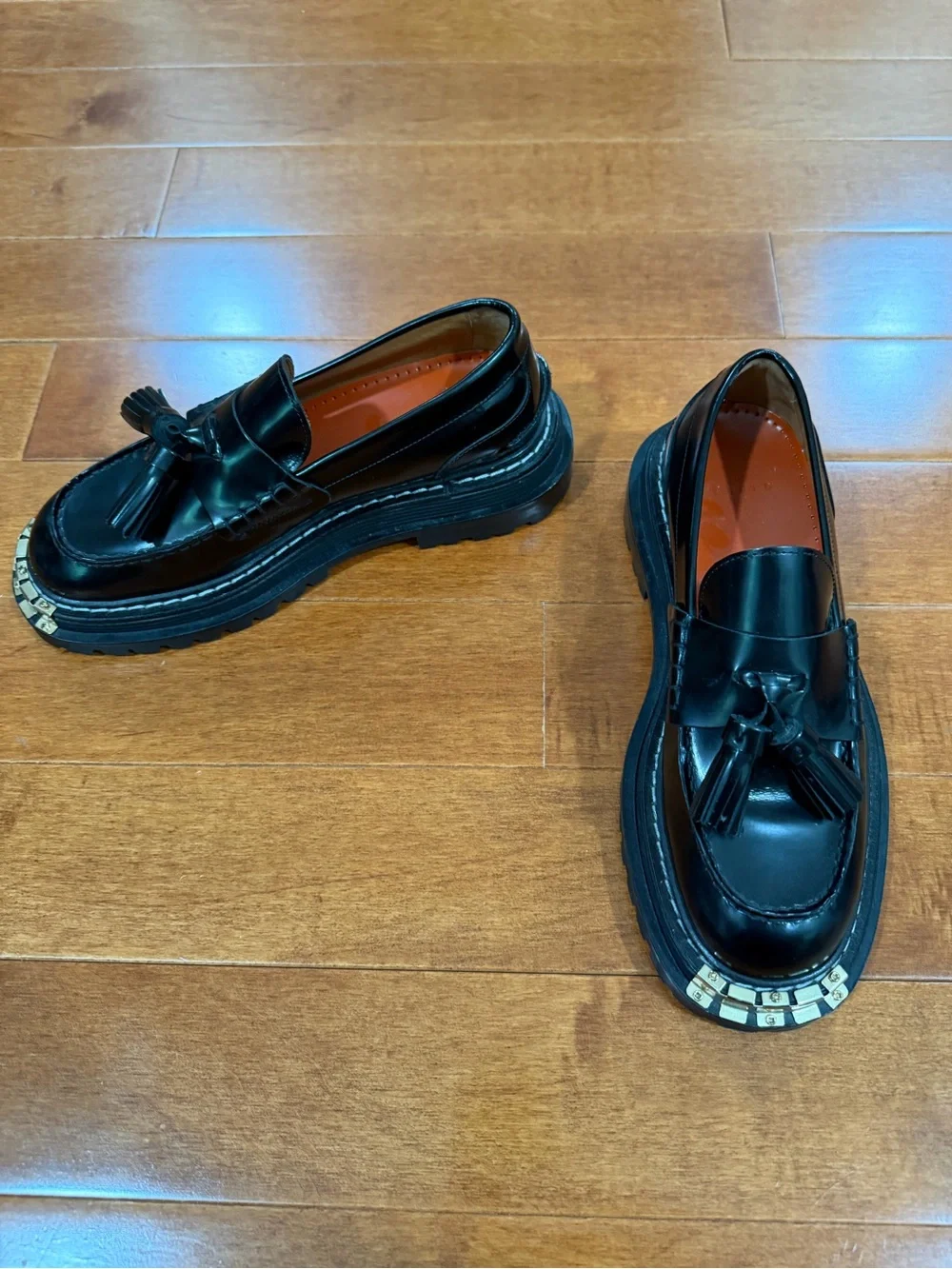 Sandro Black Leather Thick Soled Metal Detail Tassel Slip On Loafer Shoes 37 (7)